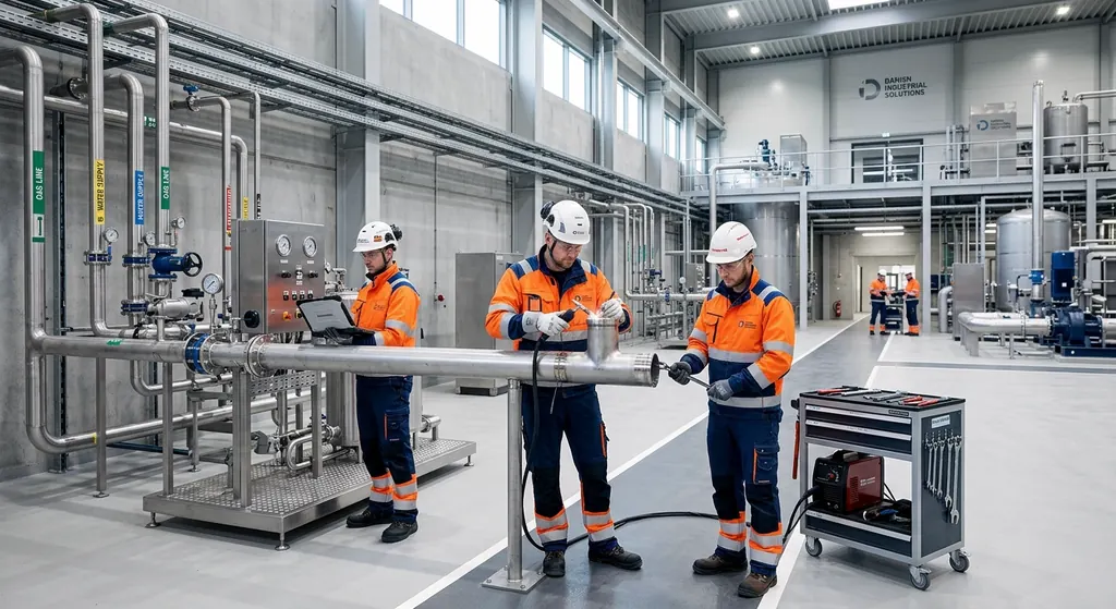 Fitters in helmets, glasses and hi-vis reviewing a pipe run